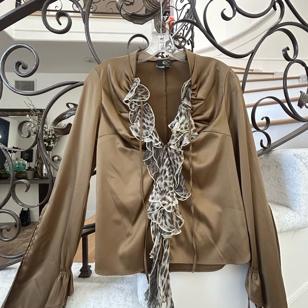 Just Cavalli Tan and Black Ruffled Long Sleeve Blouse